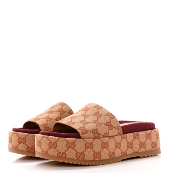 New GUCCI Canvas GG Monogram Angelina Platform Slide Sandals 38 - Picture 1 of 9